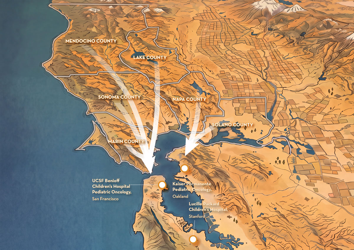 Map showing distance traveled by pediatric oncology patients in Northern California