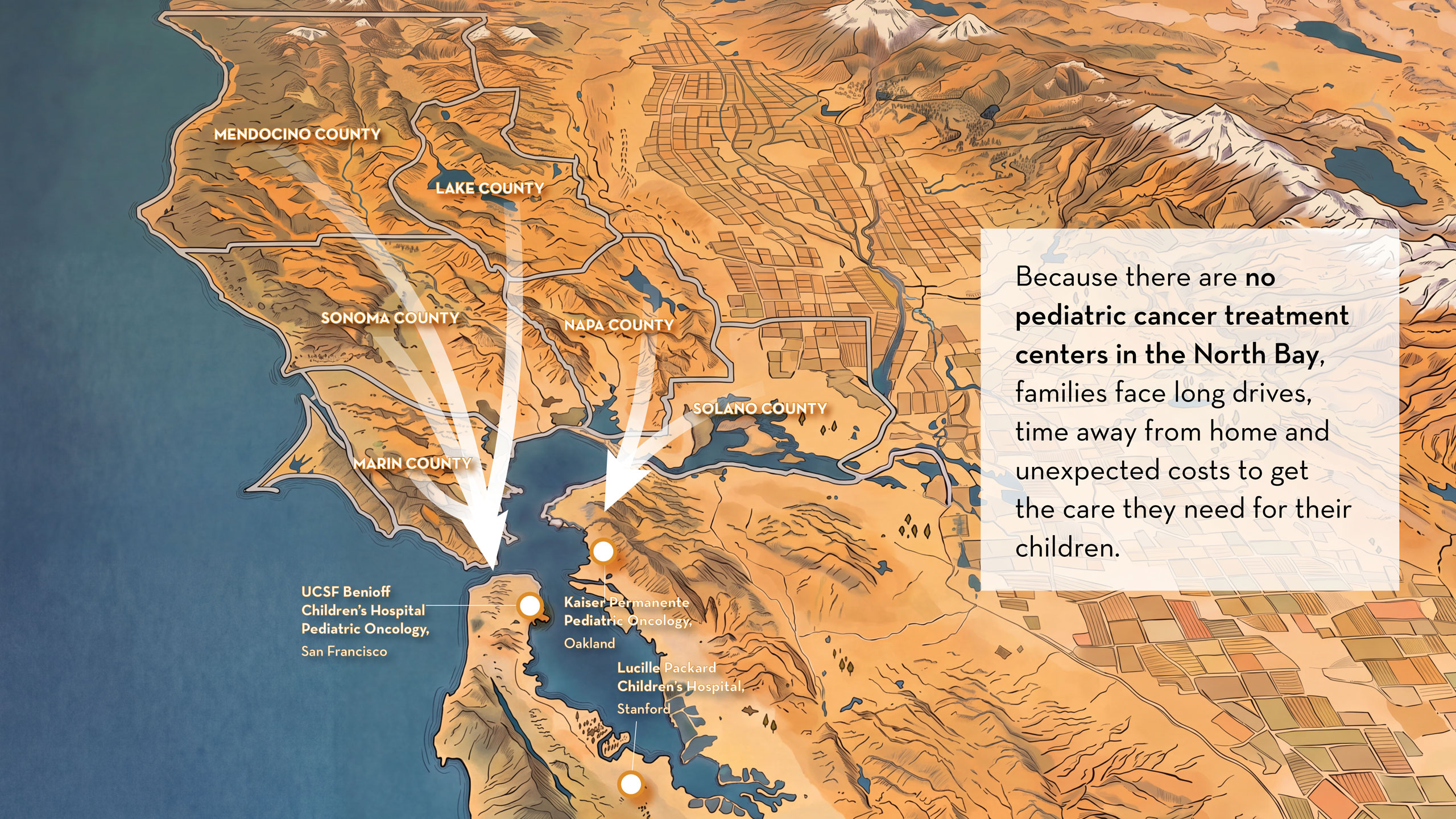Map showing distance that pediatric oncology patients must travel for care in Northern California