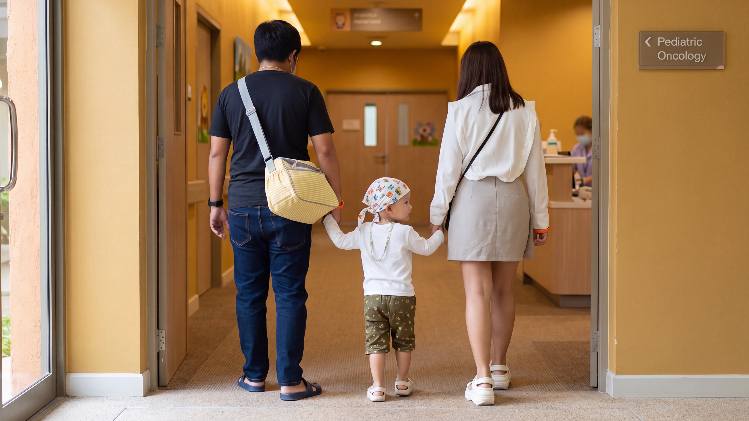 Parents with young child walk into pediatric oncology treatment